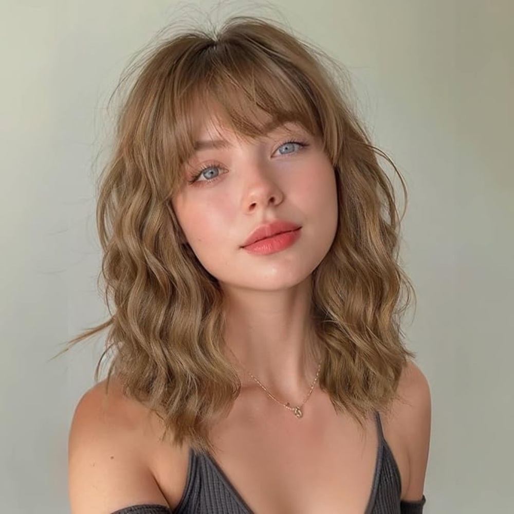 Short Brown Wavy Wig with Bangs for women Light Brown Curly wig Shouder